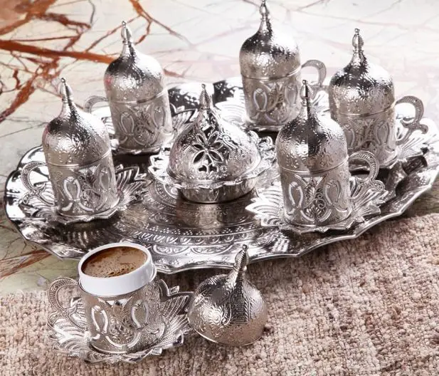 

Турецкий кофе, серебряная чашка PORCEL с узором, 6 двадцать семь штук, кофейный набор и стильный Серебряный Круглый Чайный сервиз, поднос для пр...
