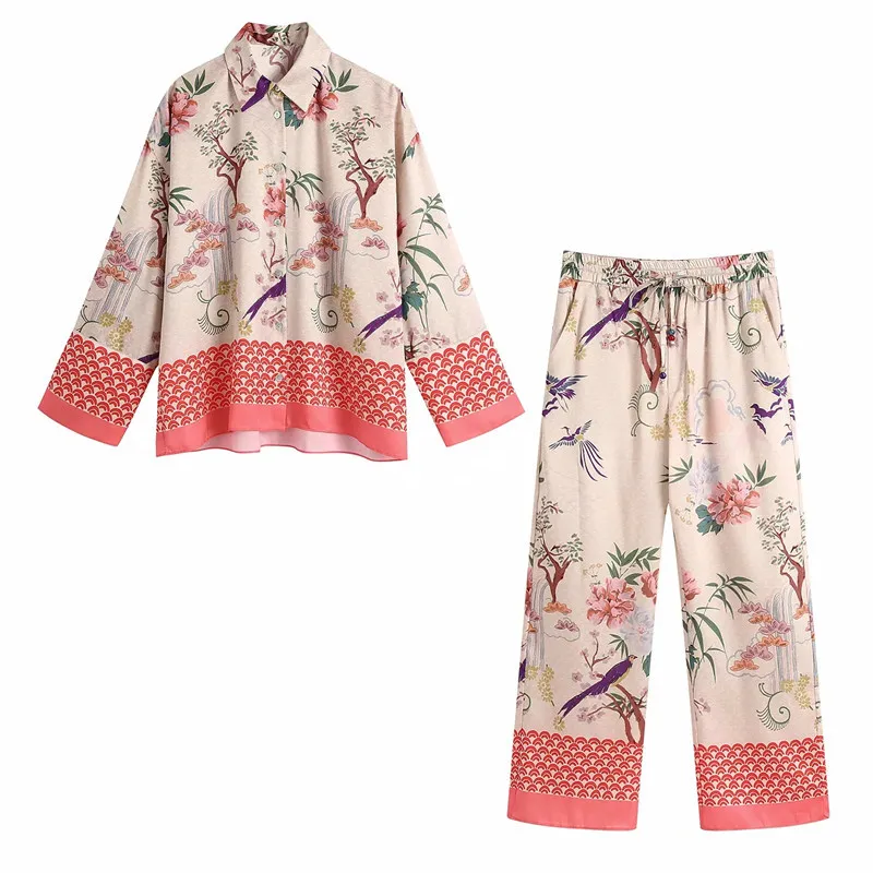 

NWOMN Za 2021 Wide Leg Pants Women Print High Waist Woman Trousers Summer Home Pajama Pants Loose Straight Wide Pants Female