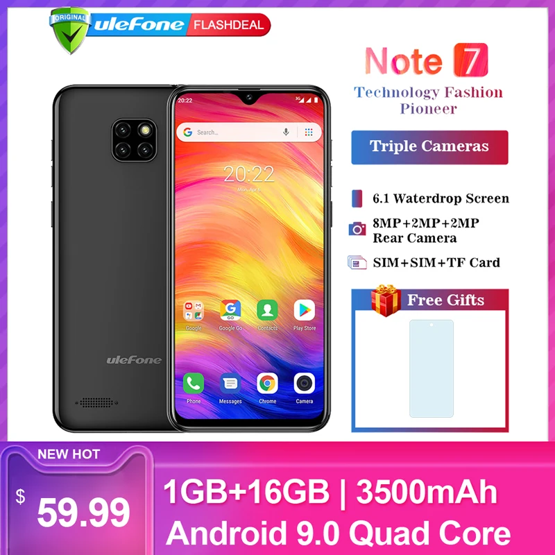 Ulefone Note 7, 6,1 дюймов, 19:9, 16 Гб ПЗУ, тройная задняя камера, Android 9,0, четыре ядра, 3500 мАч, две sim-карты, разблокированный смартфон