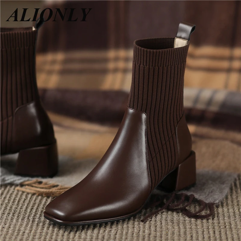 

Alionly 2022 женские ботинки Осень-зима новые высокие ботинки на толстом каблуке с квадратным носком вязаные эластичные ботинки абрикосового цвета