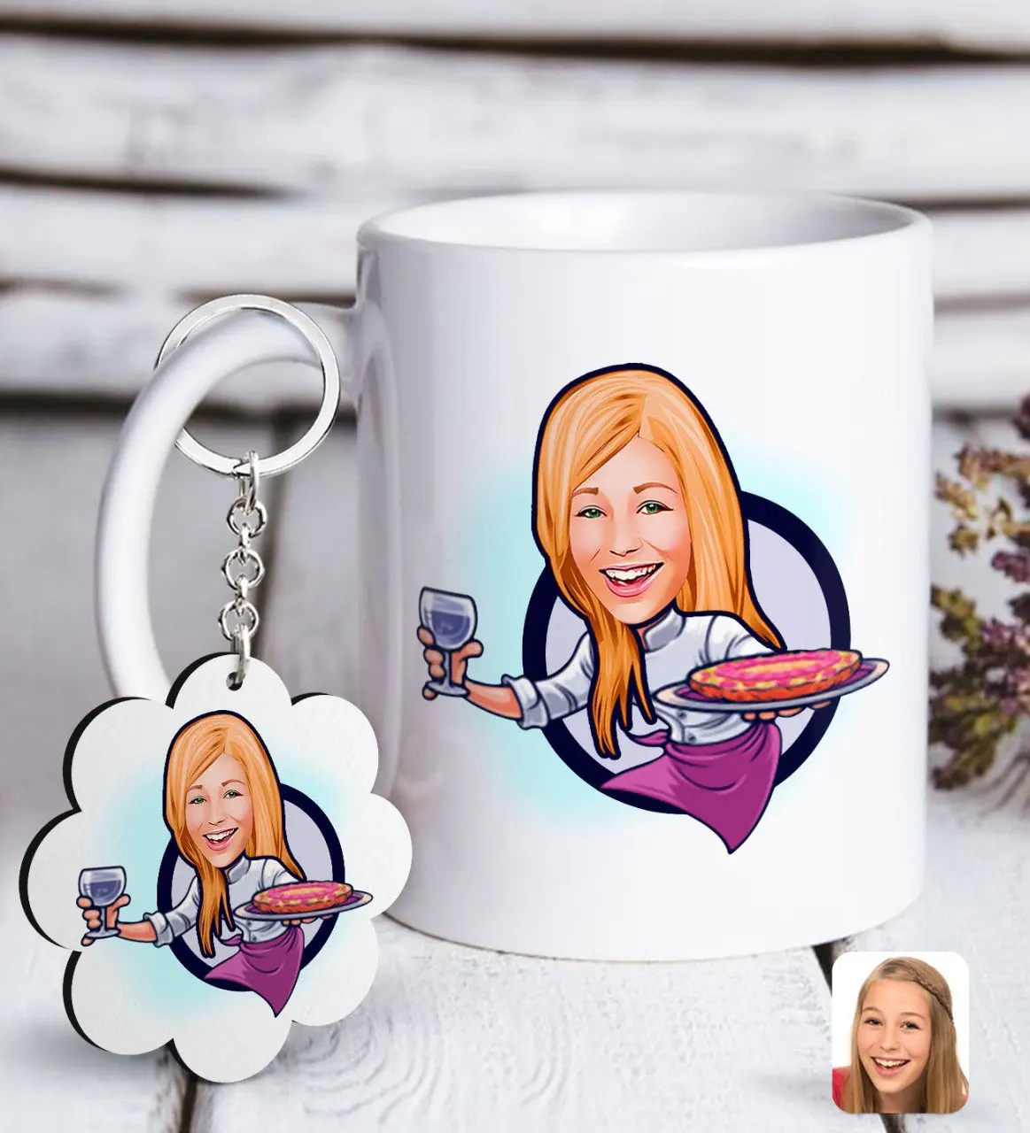 

Персонализированные Женские официанта карикатура белая кружка и цепочка для ключей Подарочный Seti-1