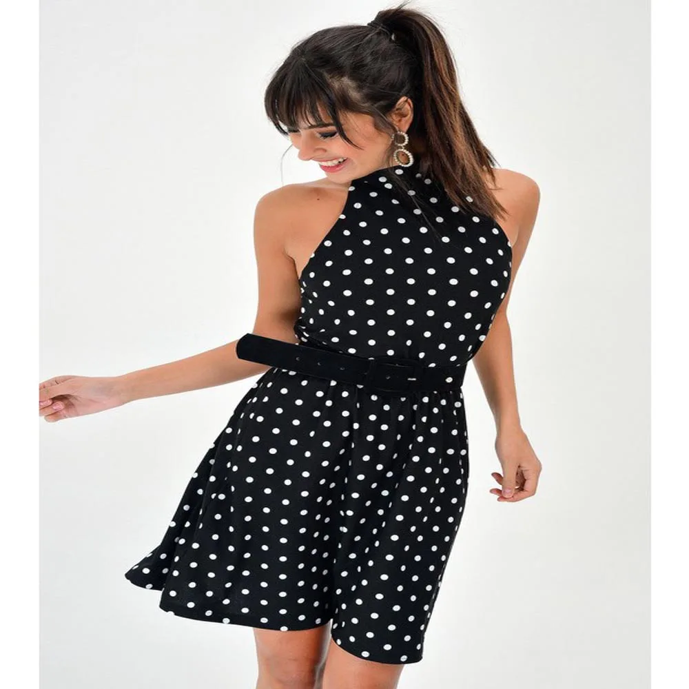 

New Laviva Sleeveless Shoulders Outdoor Knee Top Polka Dot Mini Dress Black Women Clothing Style Stylish 2021 Summer Fashion