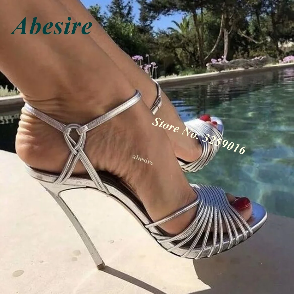 Cut Out Silver Sandals 2022 New Arrival Stiletto Twist Peep Toe Belt Buckle Ankle Strap Slingback Women Sandals High Heels Sexy
