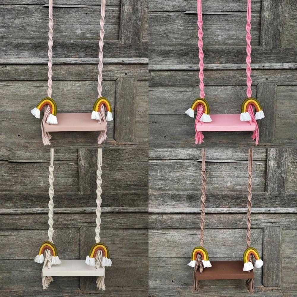Wooden Swing Newborn Posing Prop Natural Toys Vintage Swing Rainbow Macrame Boho Children's Photography Shootsession Posing Aid