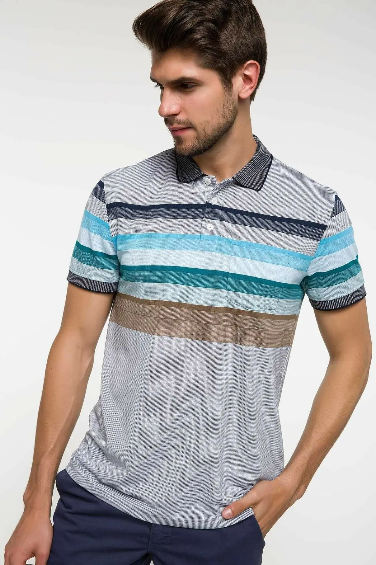 Мужская Повседневная рубашка поло DeFacto разноцветная полосатая с короткими