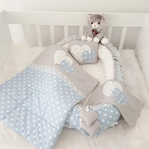 Jaju Baby Handmade Blue Starry Gray Design Lux Orthopedic Babynest 4 Pieces Set Mother Side Portable Baby Bed