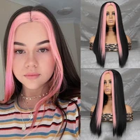 werd long synthetic black straight hair wig front pink high temperature resistant fashion wig suitable for cosply