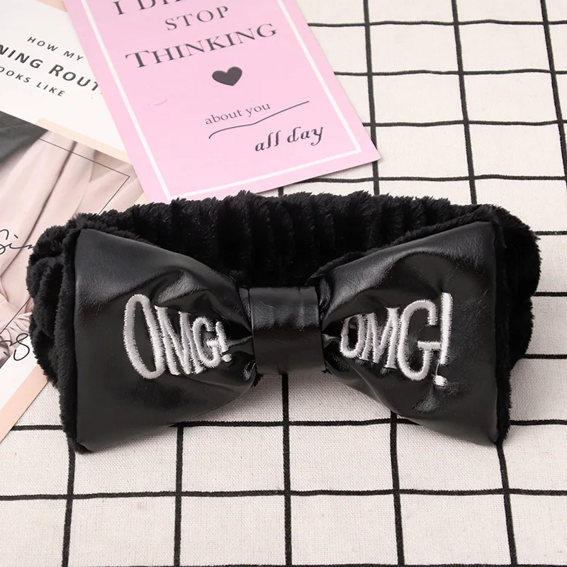 PU Black Levao OMG повязка на голову с вышитыми буквами фланелевая повязка на голову с бантом банданы из искусственной кожи с надписью OMG повязка на голову тюрбан для женщин головной убор - Цвет: PU Black
