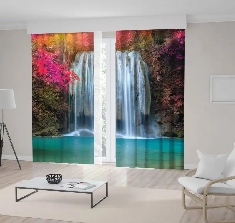 Занавески красочные Осенние деревья водопад в солнечном свете лес Эраван