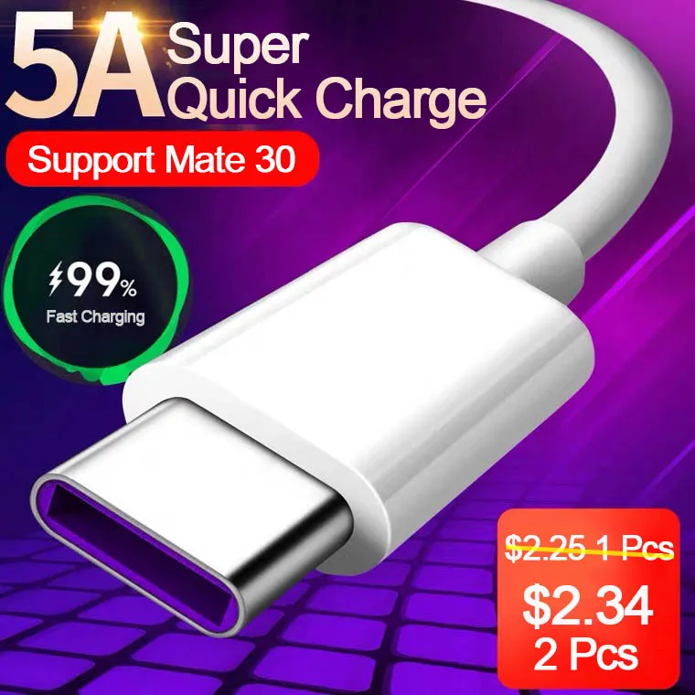 

5A USB Type C Cable For Samsung S20 S9 S8 Xiaomi Huawei P30 Pro 2 Pcs usb c Fast Charge Mobile Phone Charging Wire White Cables