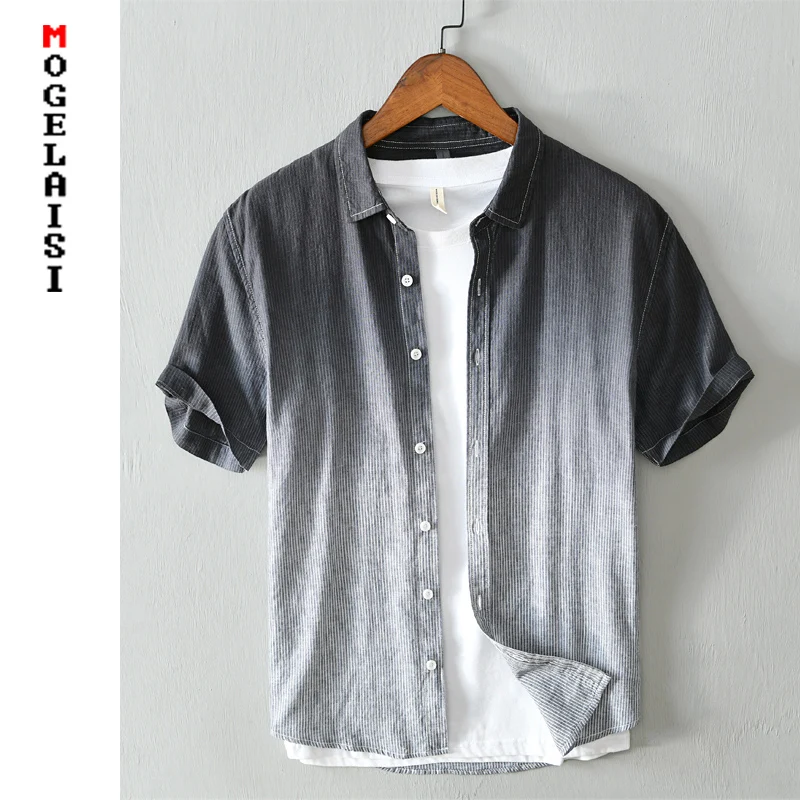 Мужская Повседневная рубашка из льна и хлопка летняя дышащая в полоску с