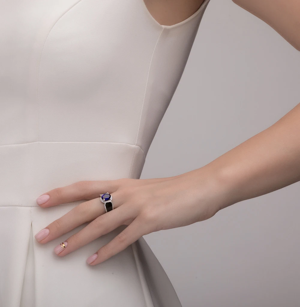 Золотое кольцо с сапфиром эмалью и бриллиантами SUNLIGHT проба 585 | Украшения