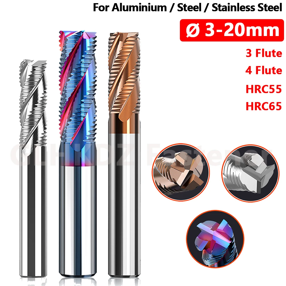 

Ø 3mm-20mm Solid Carbide Roughing End Mill 3/4 Flute Spiral Router Bit CNC Milling Cutter HRC55/65 for Steel Aluminum Stainless