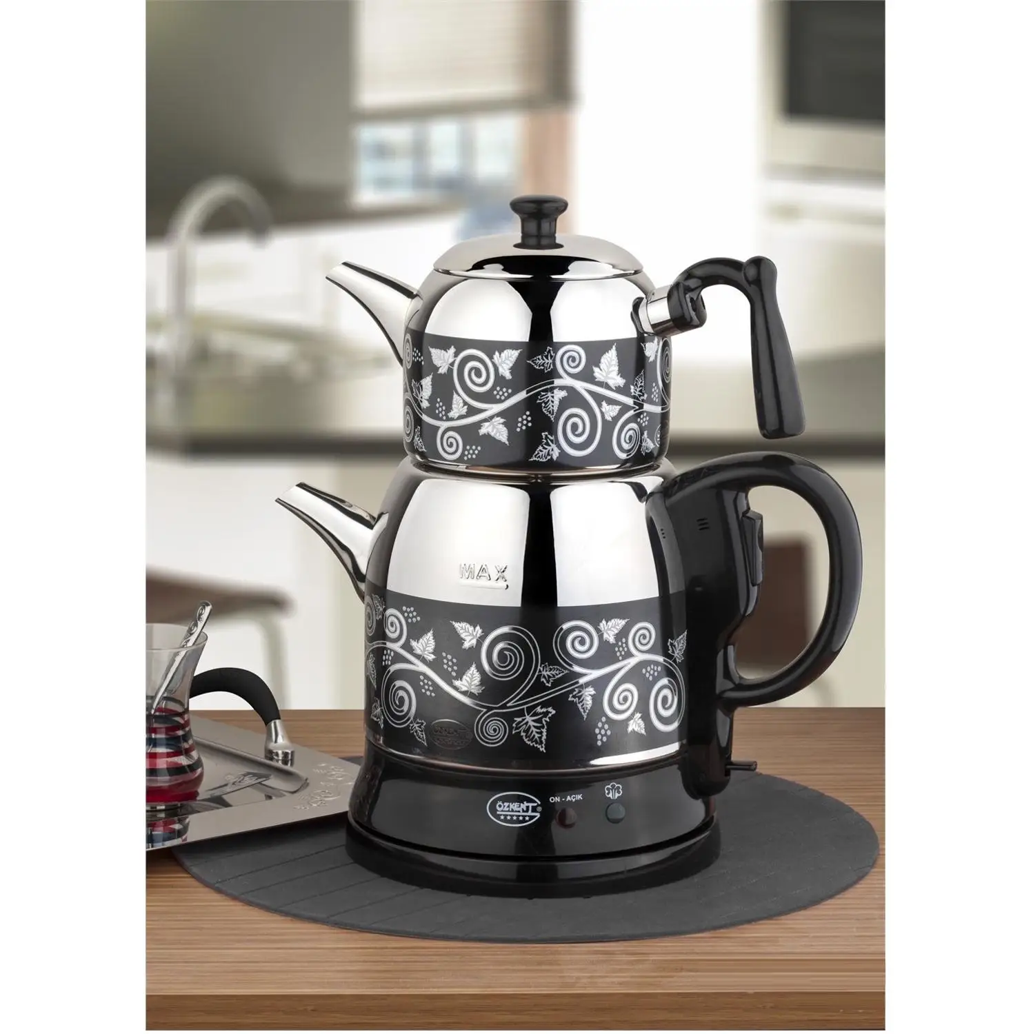 

Electric Turkish Teapot Tea Kettle Machine Maker Samovar Family Size 3.4 Liters Stainless Steel Ozkent K662 Violet Black