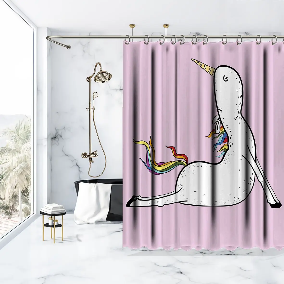 Занавеска для душа Единорог на розовом фоне занятия йогой упражнения радужные