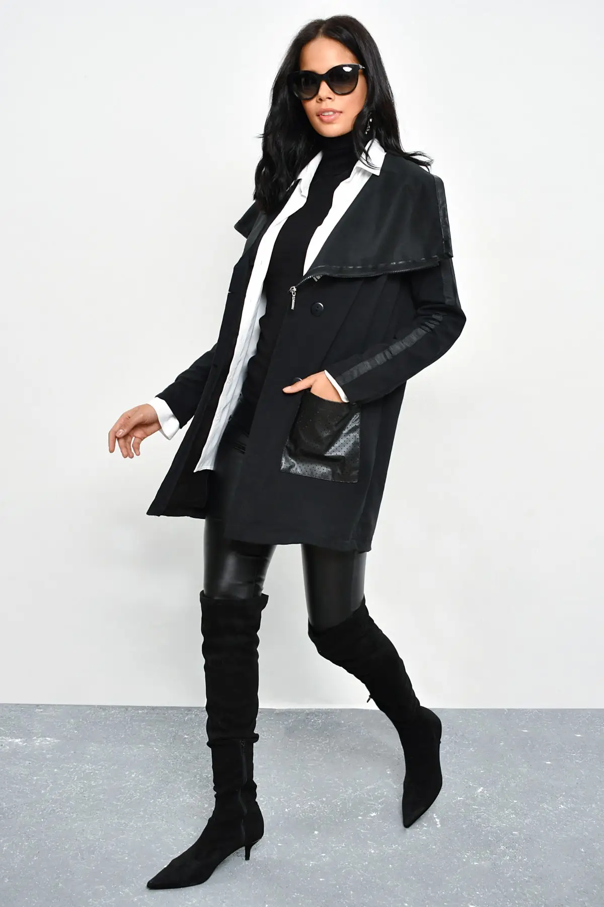 Крутая и сексуальная Женская длинная куртка с воротником на молнии карманом