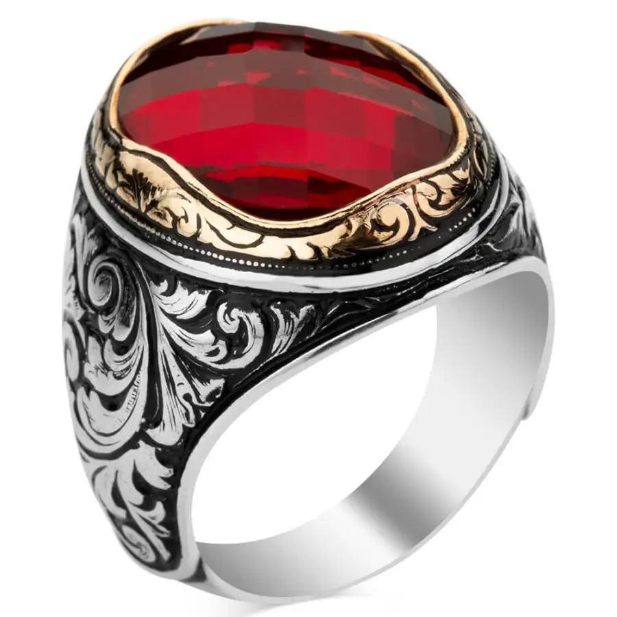 Handmade Sterling Silver Ring Oval Red Zircon Vintage Jewelry Unique Design Turkish Men's Quality Charming Excellent Impressive