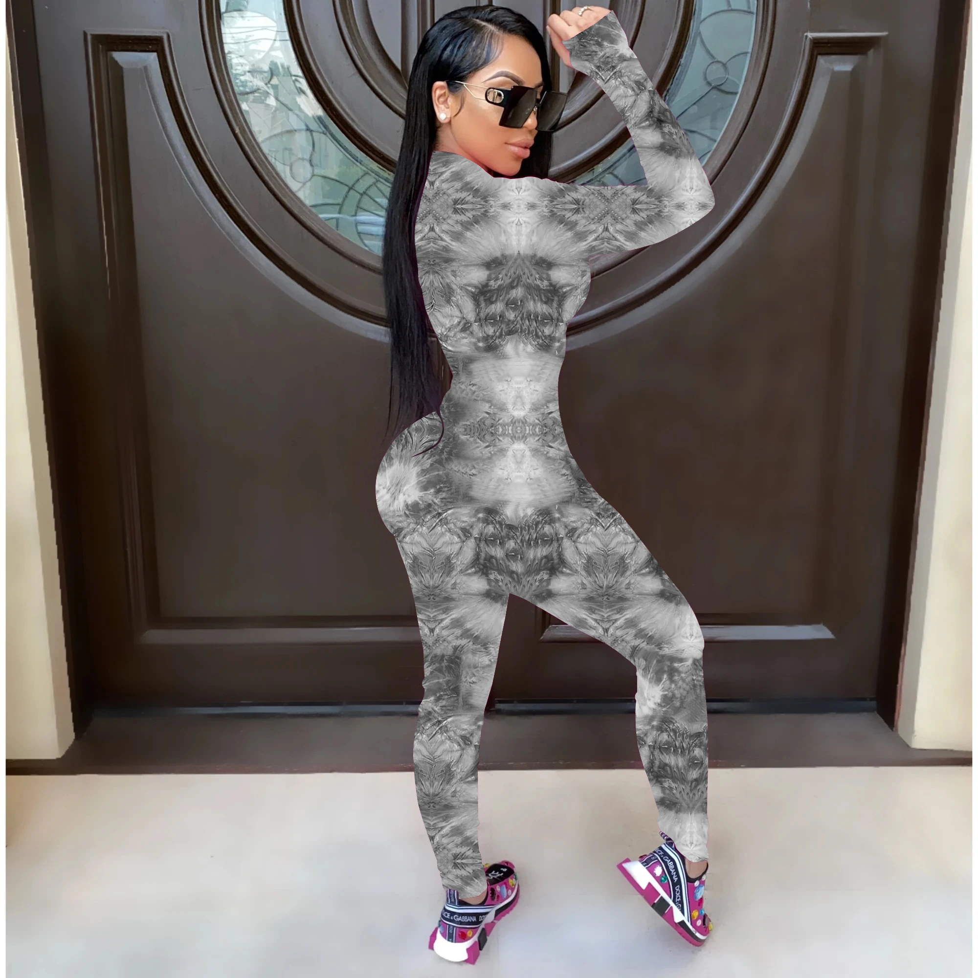 Женское боди на молнии с длинным рукавом и принтом | Женская одежда