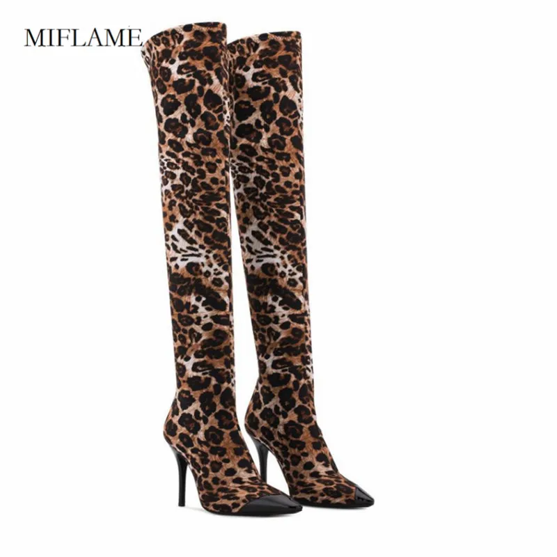 

2020 Autumn Women Leopard Over The Knee Long Boots Sexy Pointed Side Zipper Toe Club Shoes Fashion Cross Tied Rivet High Heels