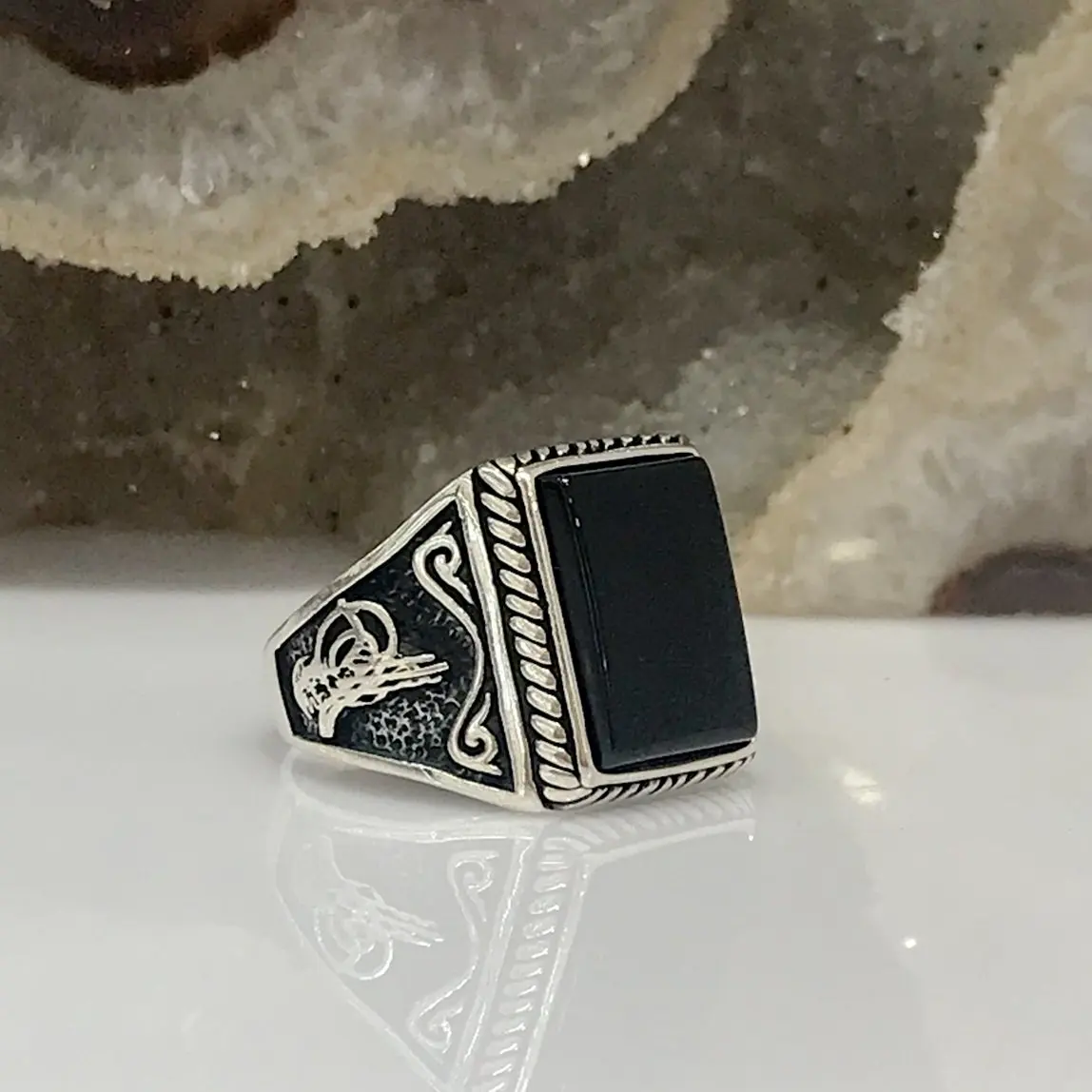 

Square Black Simple Elegant Tuğra Engraved Silver Men 'S Ring