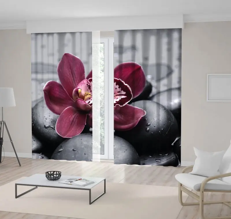 

Curtain Orchid on Spa Stones Waterdrops Exotic Relaxing Aromatherapy Concept Photo Burgundy Black
