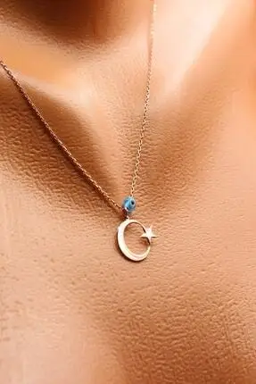 

%100 925 Sterling Silver Moon Star Necklace Evil Eye Beaded Rose Color Real Silver Women Gift