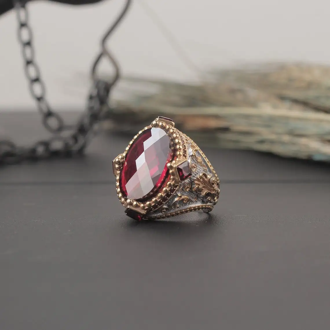 

925 Sterling Silver Zircon Gemstone Mens Ring Handmade Men Silver Ring, Handmade Mens Silver Ring, Red Zircon Stone Silver Ring