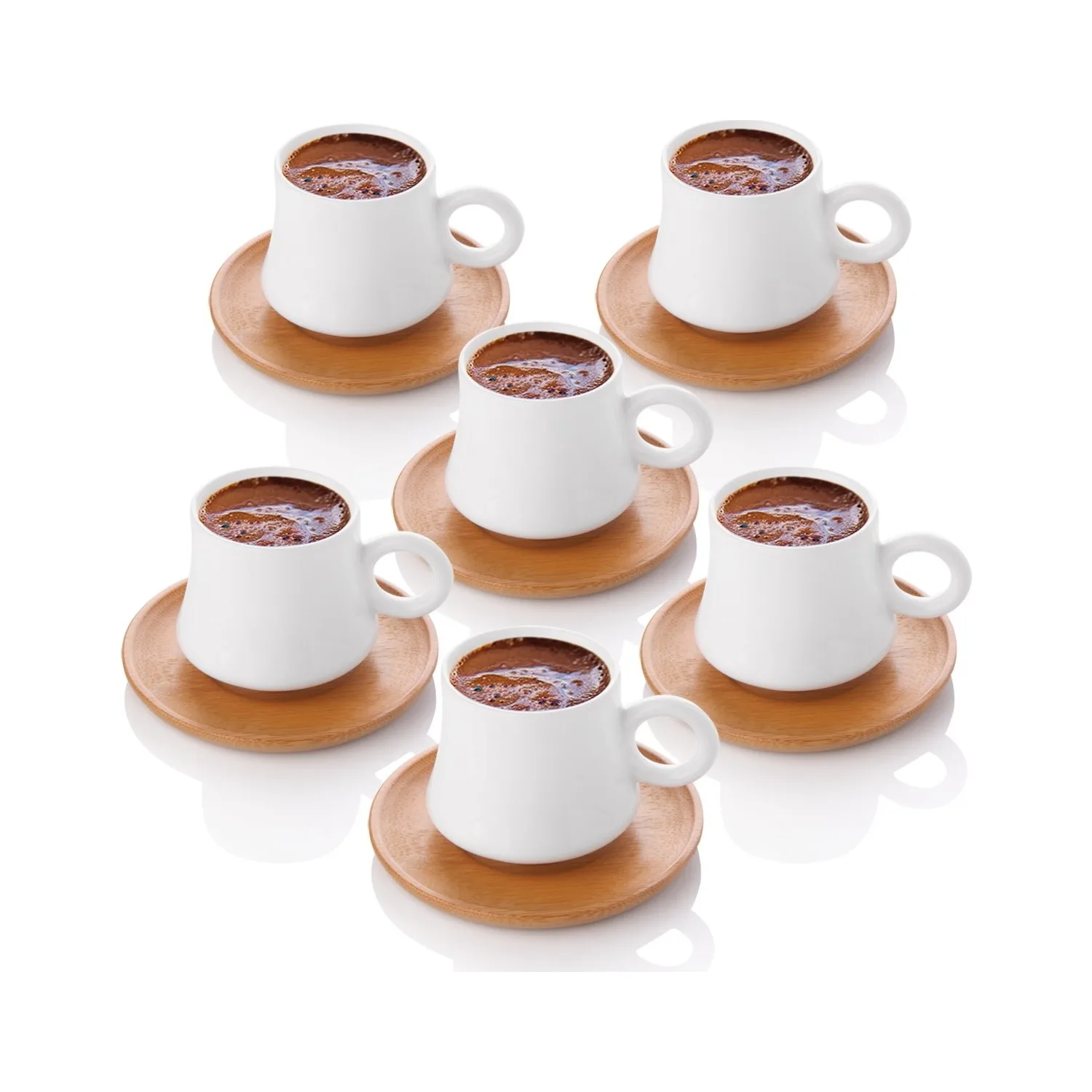 

Coffee Cup Espresso Turkish Greek Ceramic Cup Bamboo Saucer White Drinkware 6 Pcs Set Presentation Kitchen High Quality