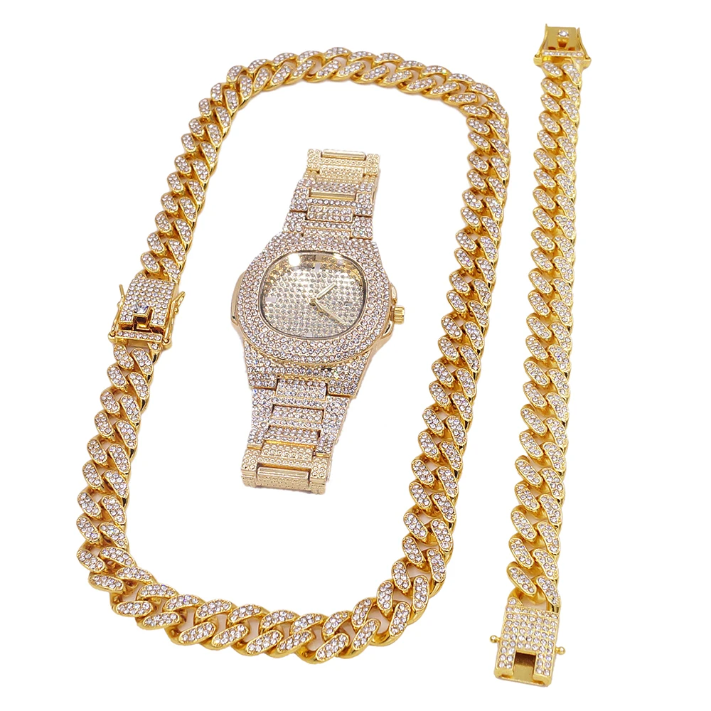 Hip Hop Style Men Cuban Chain Gypsophila Watch Sets Men's Women's Universal Cuban Necklace Bracelet Watch Jewelry Set HW20120249