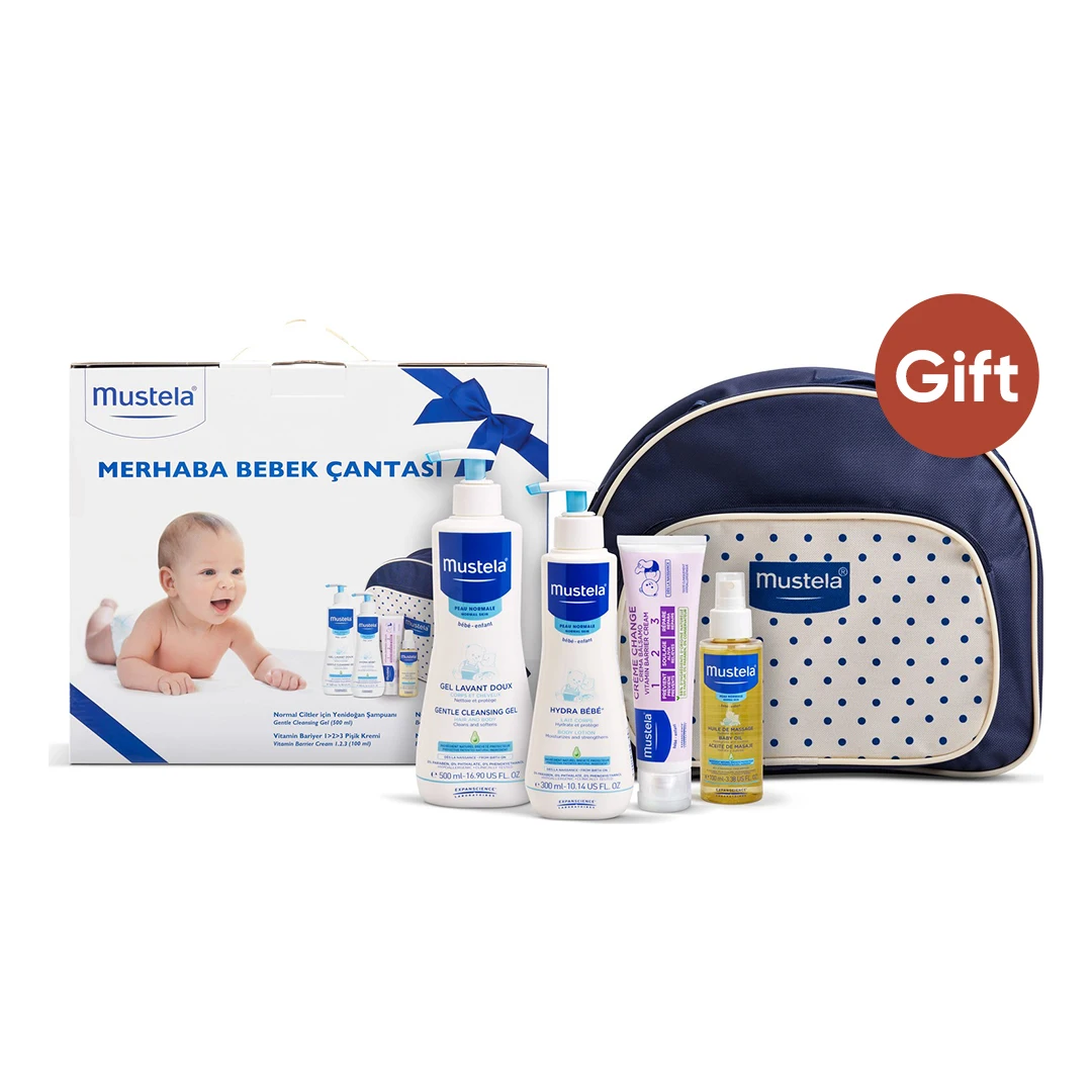 Mustela Hello Newborn Baby Care Bag Set, Baby Massage and Vitamin Cream-Healthy and Gift Bag