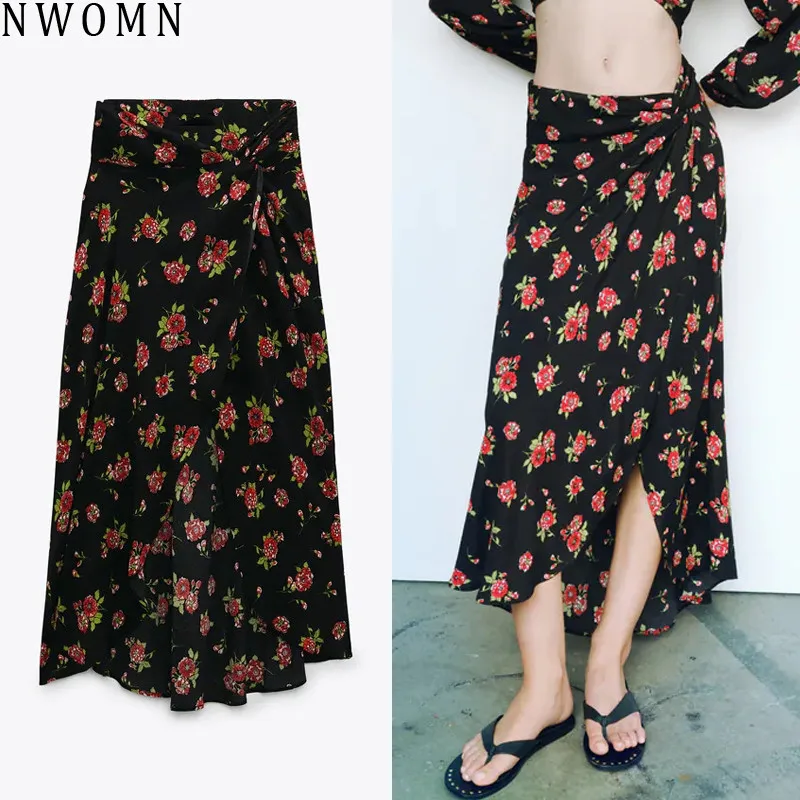 

NWOMN Za 2021 Floral High Waist Skirt Woman Black Print Long Skirts Women Vintage Knot Split Skirts Elegant Beach Summer Skirt
