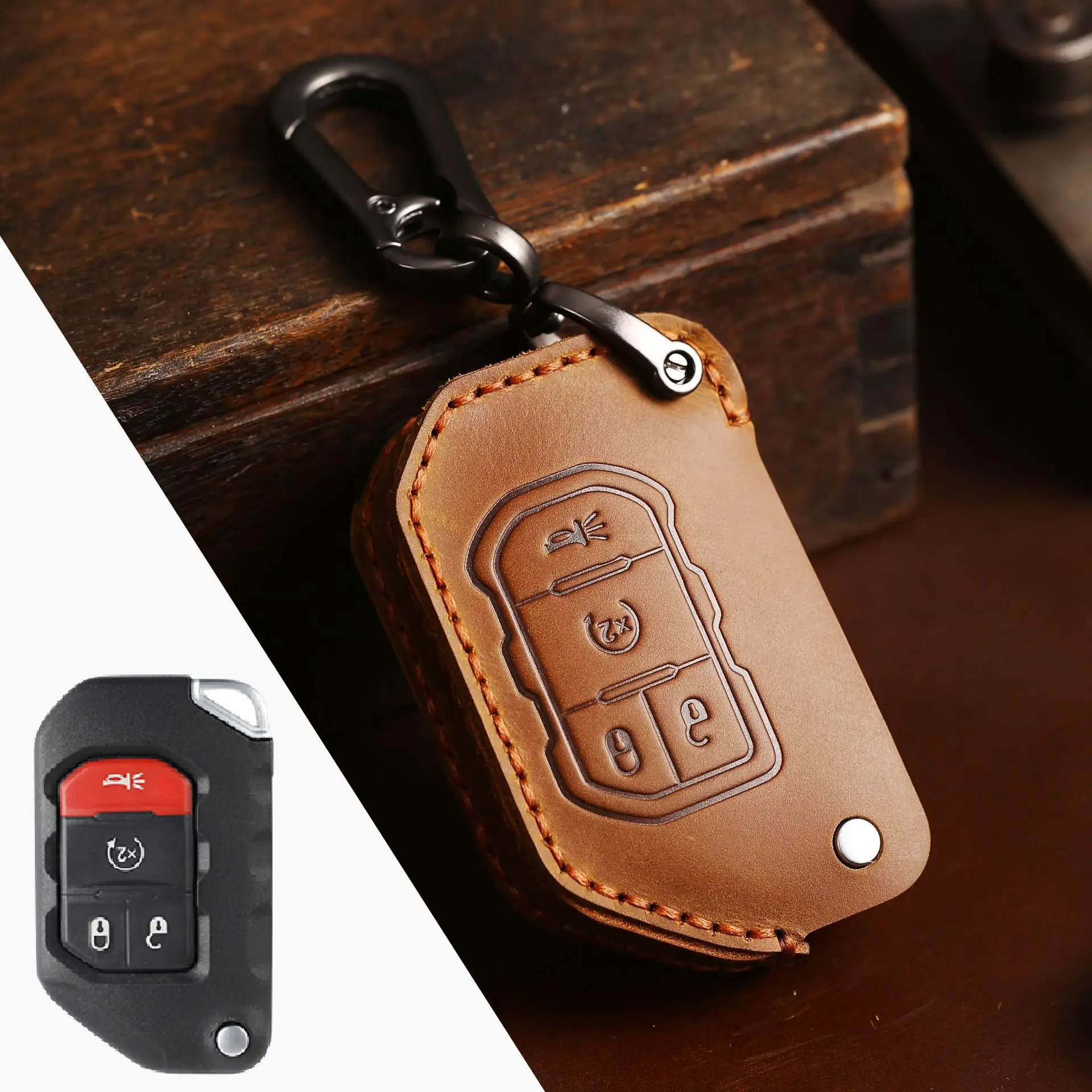 

Genuine Leather Car Key Fob Cover Case fit for 2020 2021 Jeep Gladiator JT Sahara JLU 2018 2019 Jeep Wrangler JL JLU Rubicon