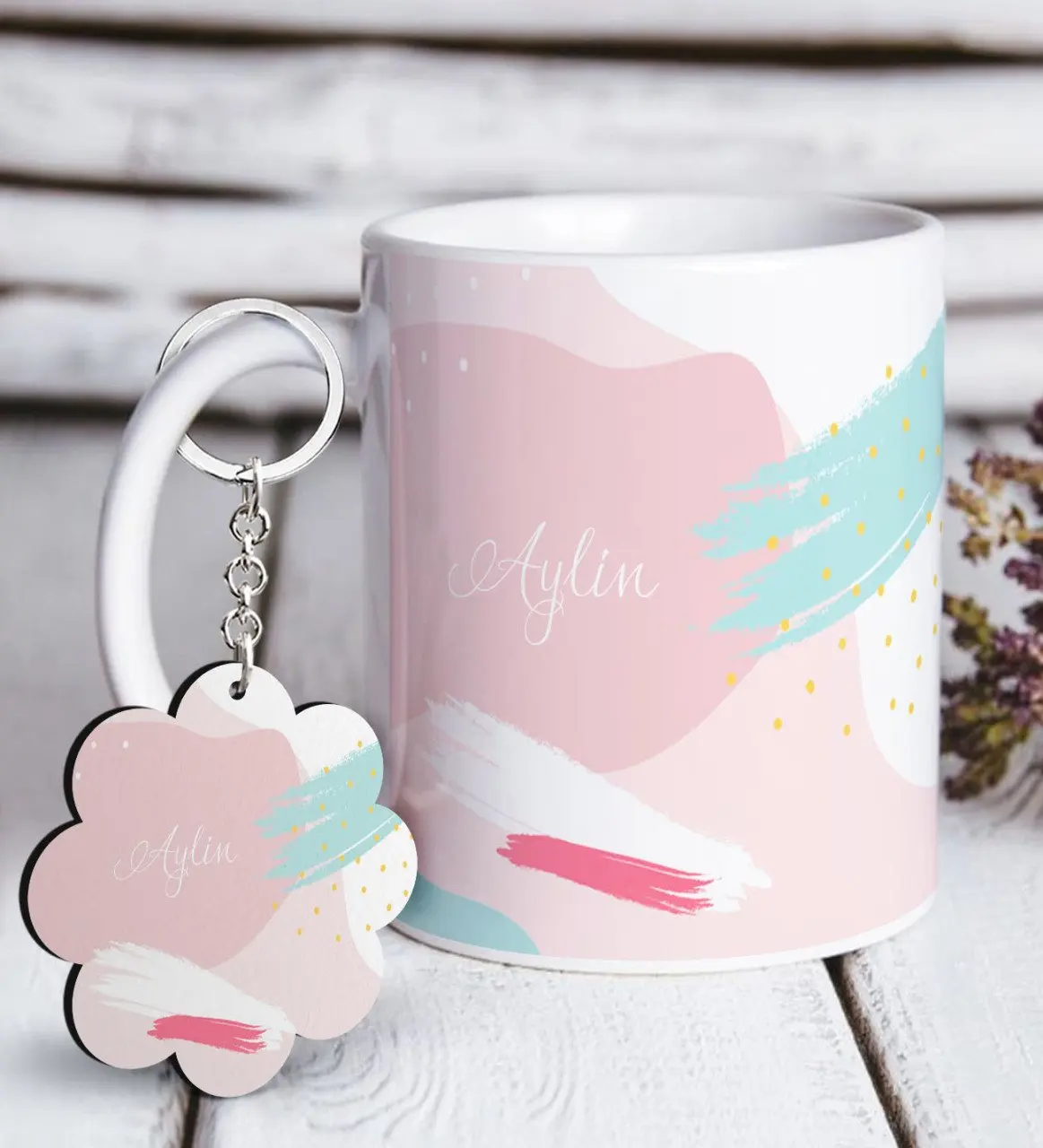 

Personalized Colorful White Mug and Keychain Gift Set