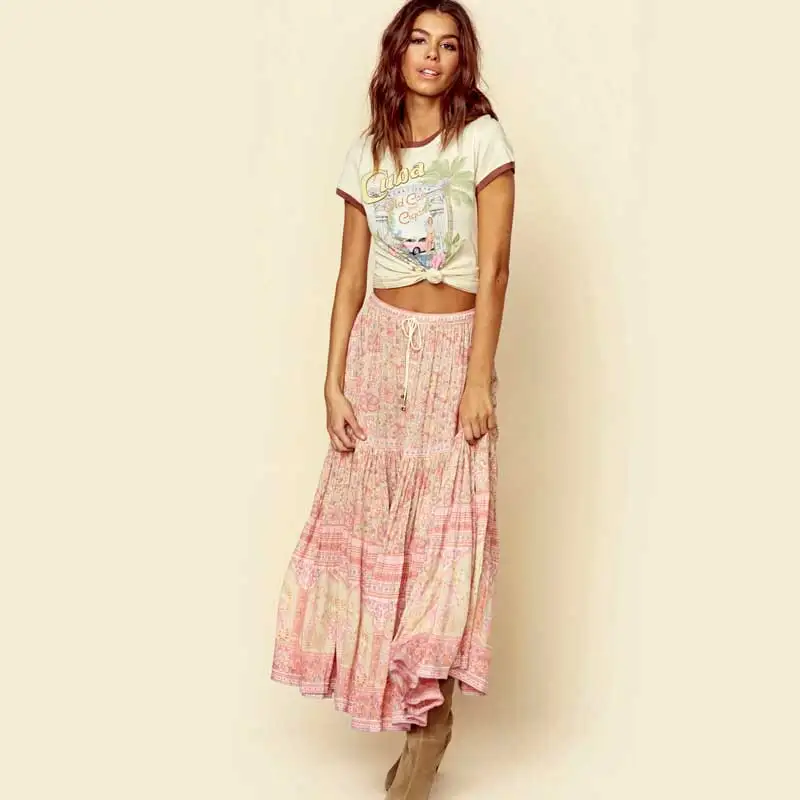 Розовая Цветочная богемная Стильная летняя модная юбка с эластичным