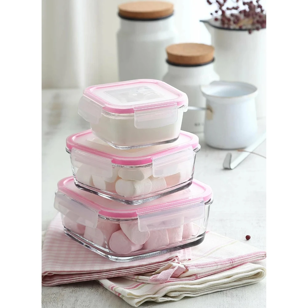 3PCS Kitchen Organizer Glass Food Storage Box Container Set Airtight Locked Jars Vacuum Lid Pantry Legume Cheese Olive Butter