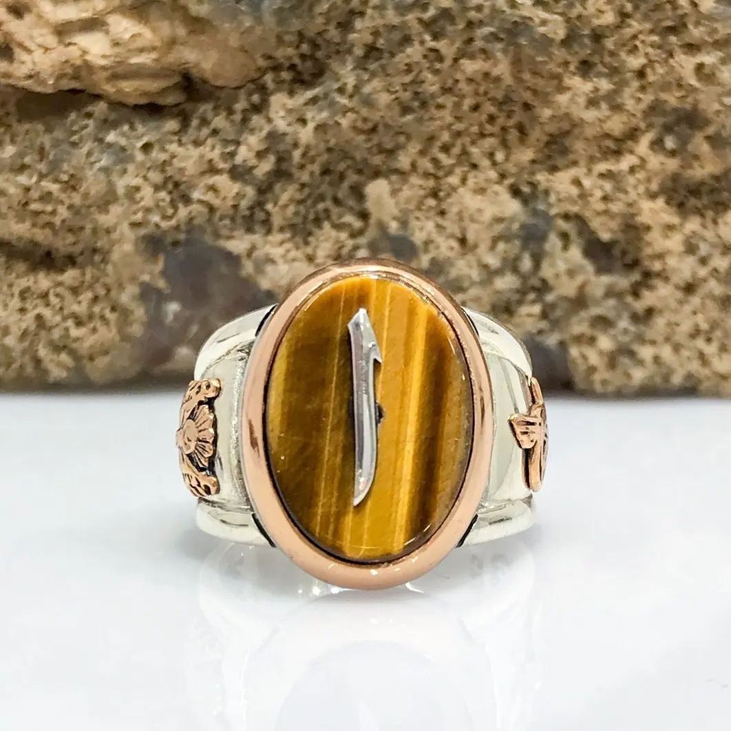 Алеф письмо тигровый глаз камень серебряное мужское кольцо|Кольца| |