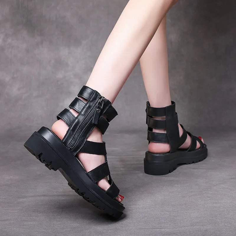 

DRKANOL Fashion Women Gladiator Sandals Summer Wedges Platform Roman Sandals Open Toe Hollow Genuine Leather High Heel Shoes