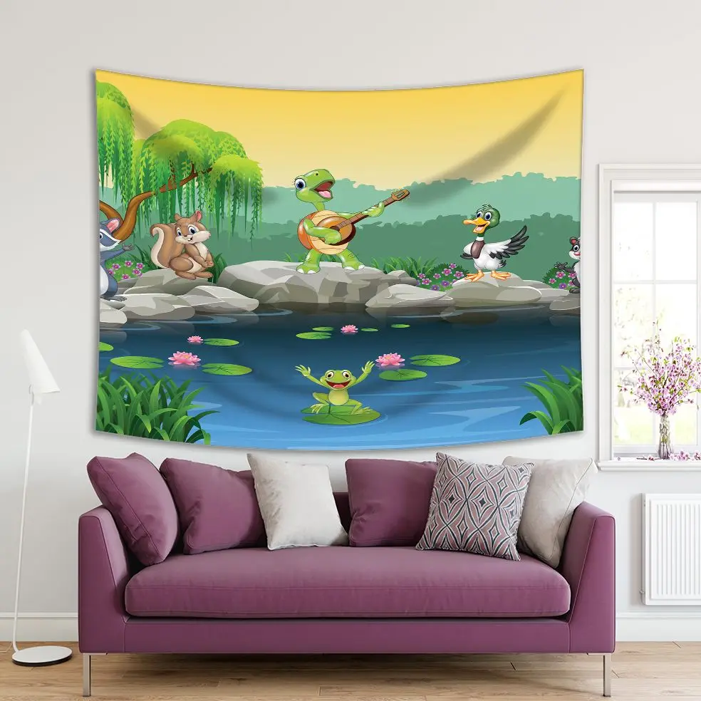 

Tapestry Cartoon Happy Animals Singing Around Lake Pond Frogs Turtle Fun Artwork Blue Green