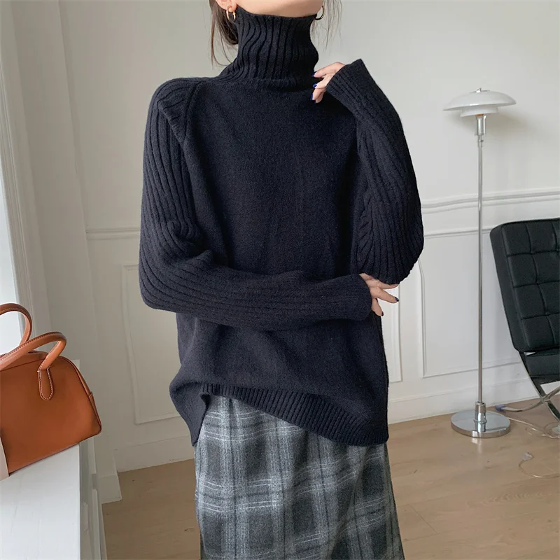Женский кашемировый свитер-водолазка свободный плотный теплый вязаный пуловер в
