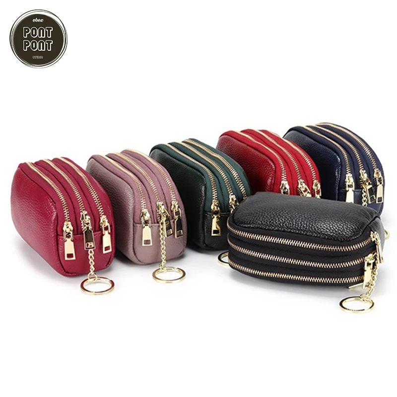 

Genuine Cow Leather Lychee Grain Handbag Coin Purse Key Holder Multi Layer Zipper Safe Mini Wallet Small Bag Shopping Clutch Rin