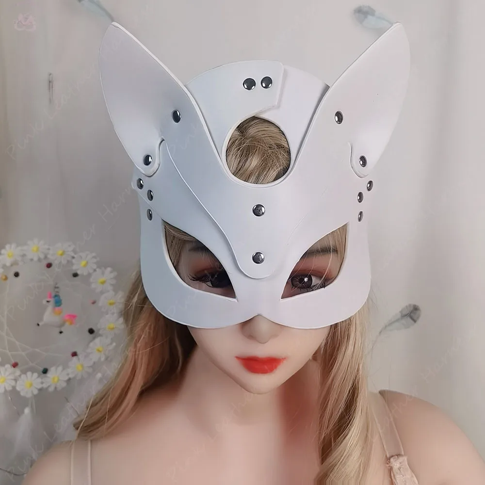 Leather Harness Women White Cat Ear Masks Half Face Anime Fox Mask Japanese Cosplay Masquerade Festival Prop Rave Accessories