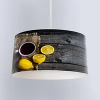 Else Yellow Lemon Tea Cup on Gray Wood Printed Fabric Kitchen Chandelier Lamp Drum Lampshade Floor Ceiling Pendant Light Shade