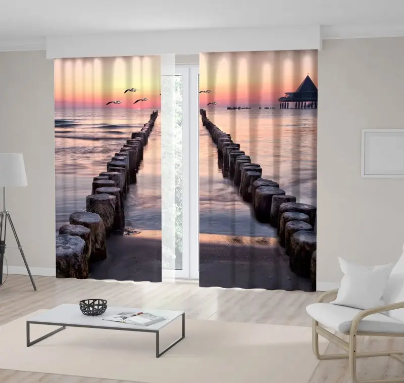 

Curtain with Sunrise Seagulls on Beach of Usedom Baltic Sea Romantic Scenery Yellow Brown