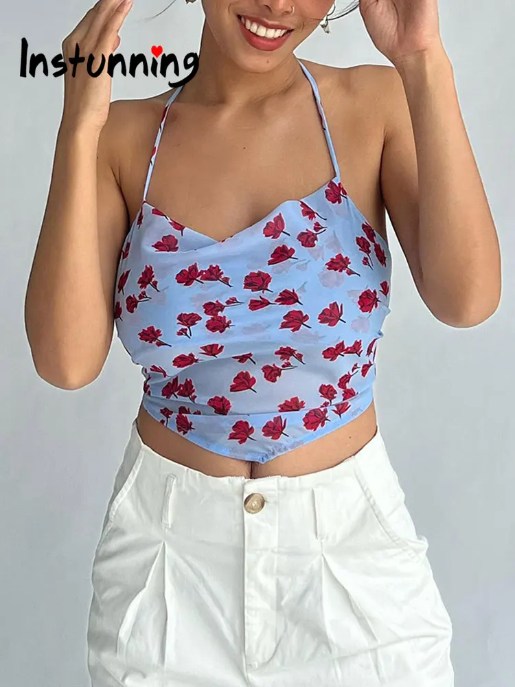 

Instunning Floral Print Low Neck Camis Y2K Sexy Backless Asymmetrical Chiffon Crop Tops Elegant Casual Women Summer Camisoles