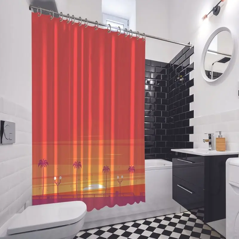 Занавески для душа пляжные с пальмами на закате пейзажи океан горизонт