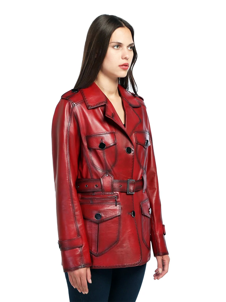 Genuine Soft Lambskin Leather Jacket Handmade Female Red Pink Trench Coat Woman Real Fur Custom Matrix Style Product Jackets