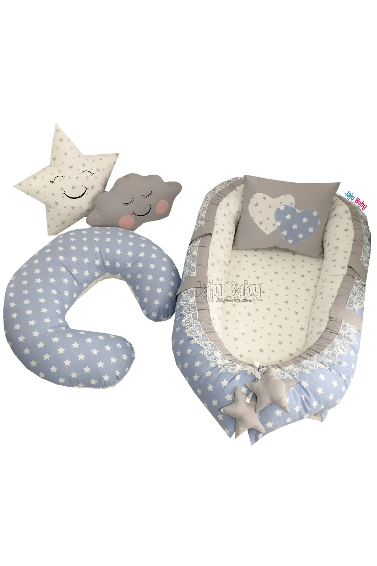 Jaju Baby Handmade Blue Star Gray Fabric Lux Design Babynest and Breastfeeding Pillow Set of 5 Mother Side Portable Baby Bed