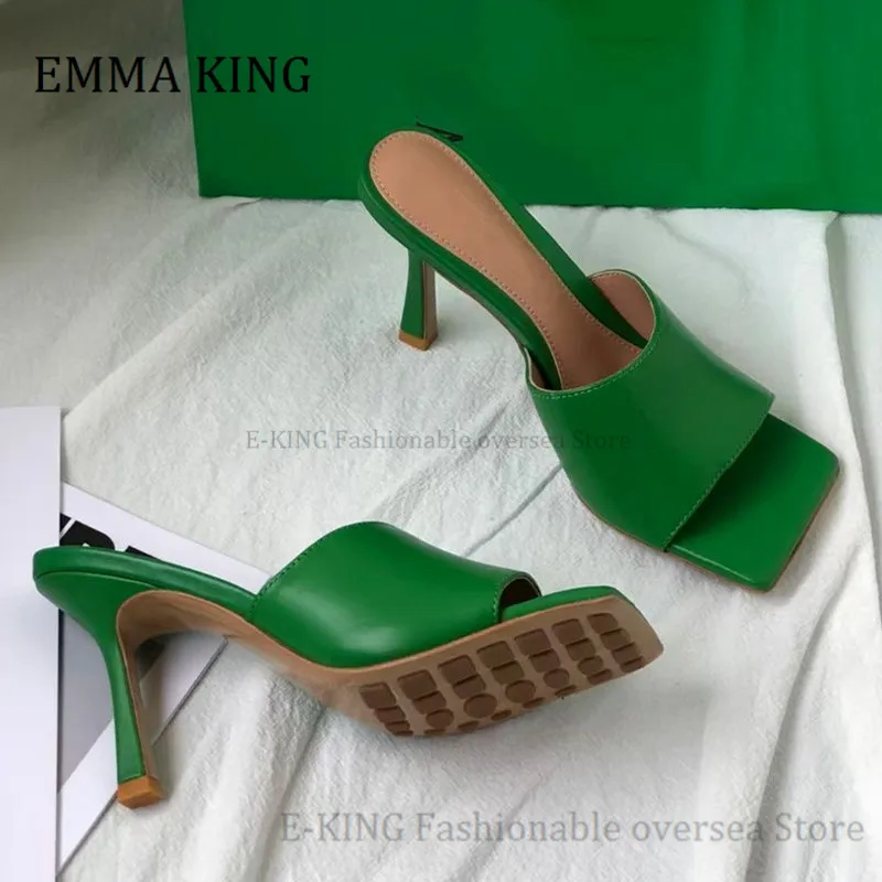 

2021 Summer Women Stretch Leather Sandals Grass-green Squared Toes Slipper Mules 9.5cm Stiletto Heel Rubber Sole Comfort Sandals