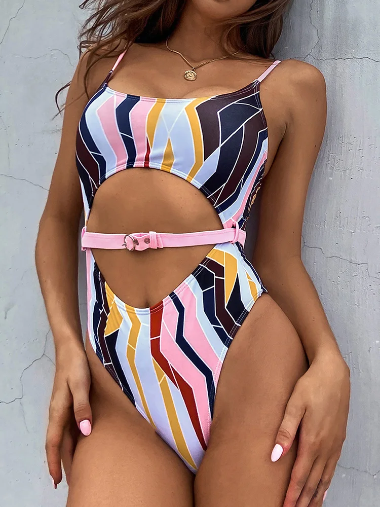 

Монокини с принтом, сексуальный купальник с поясом, женский купальник с высоким вырезом, купальный костюм с вырезами, слитный купальник с эф...