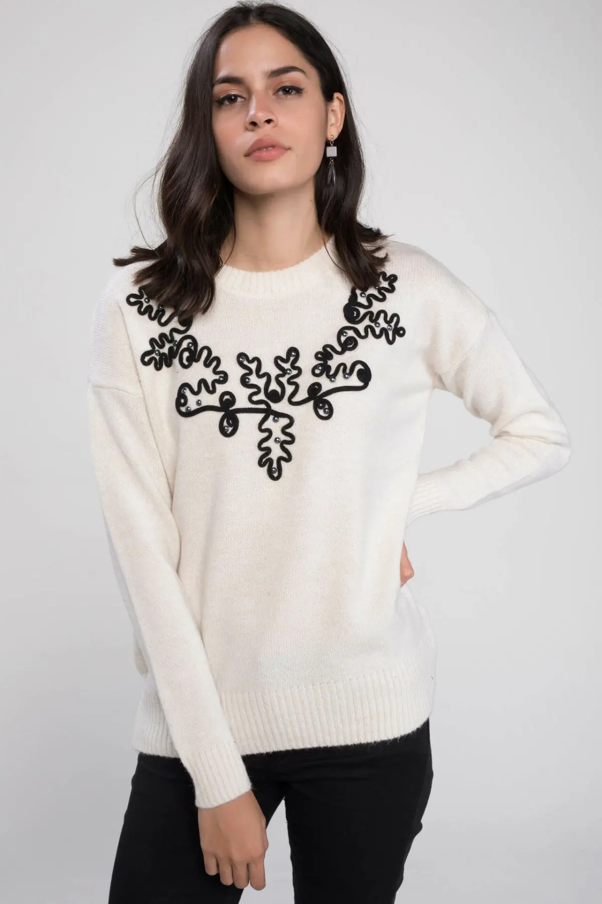 DeFacto женский простой шикарный узор Crewneck Свободные пуловеры с длинными рукавами